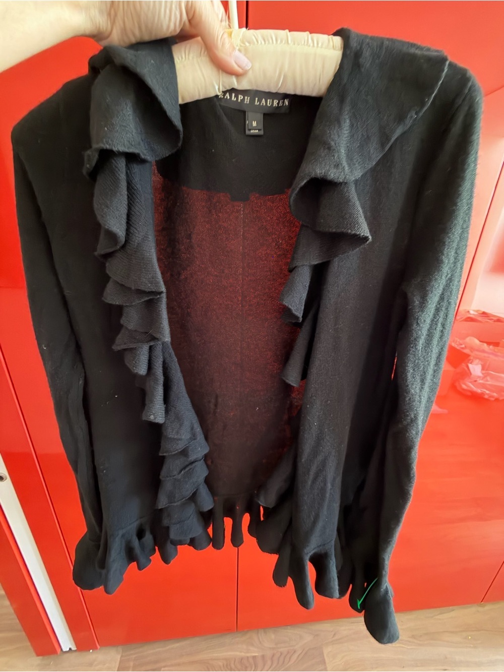 🗽Ralph Lauren CASHMERE Black Textured Knit Cardigan with Ruffle Trim